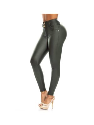Pantalón Vaquero Efecto cuero verde oscuro